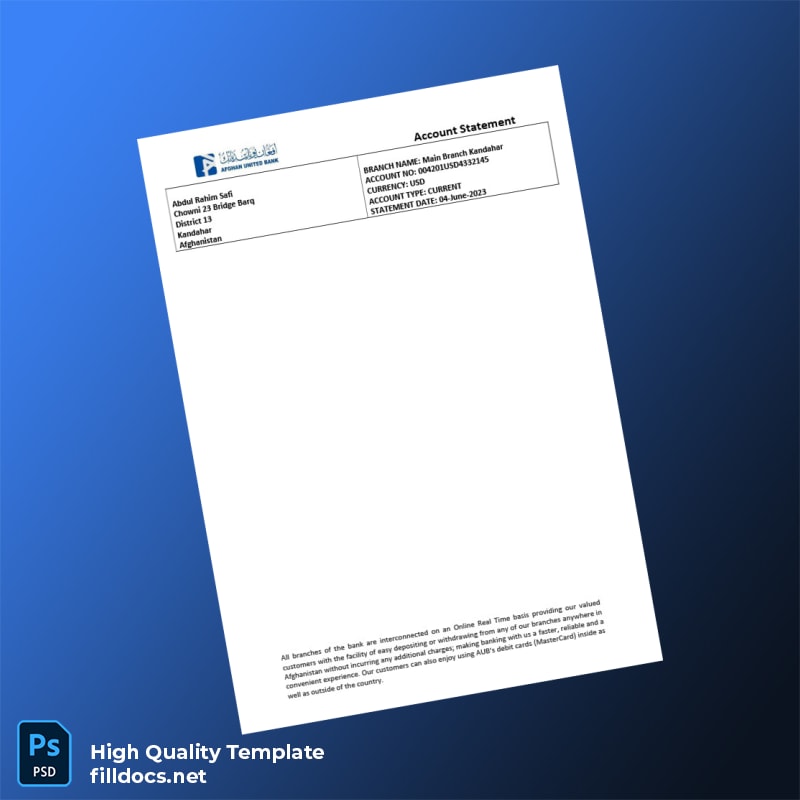 Afghanistan Afghan United Bank Statement Template in Word and PDF formats page 2