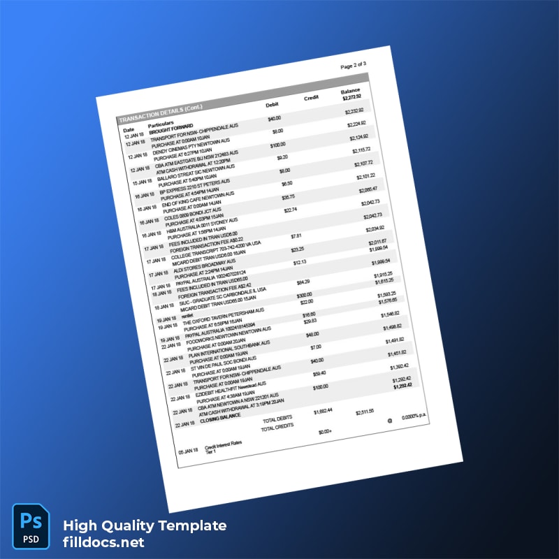 Australia Bankwest Bank Statement Template in Word and PDF formats page 2