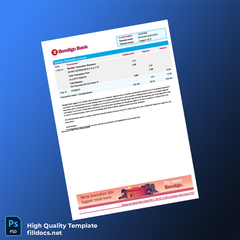 Australia Bendigo Bank Statement Template in Word and PDF formats page 2
