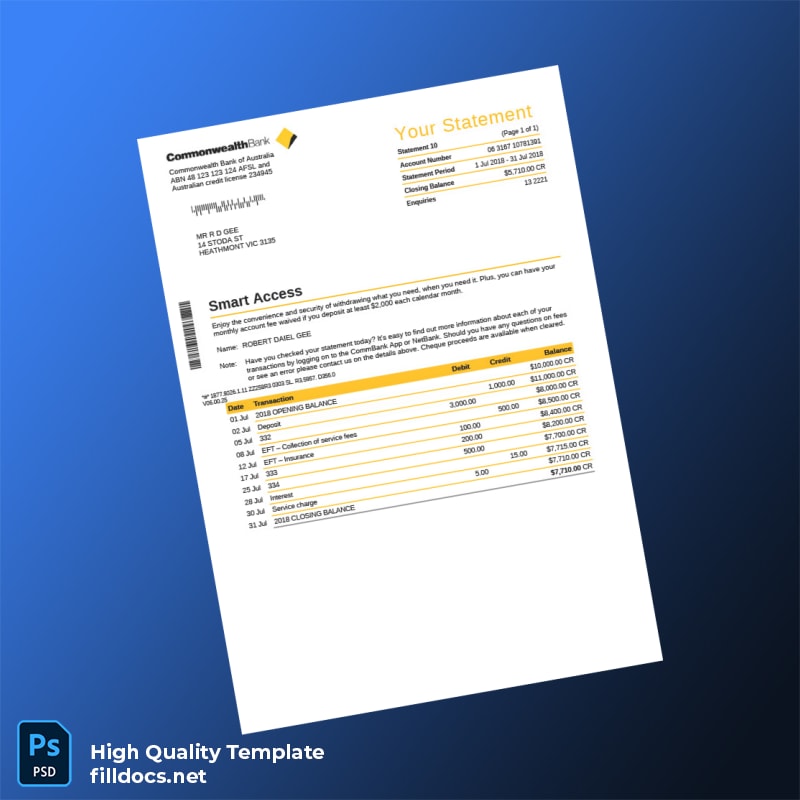 Australia Commonwealth Bank Bank Statement Template in Word and PDF formats
