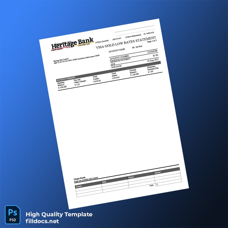 Australia Heritage Bank Credit Card Statement Template in Word and PDF formats page 2