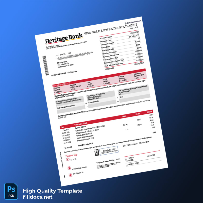 Australia Heritage Bank Credit Card Statement Template in Word and PDF formats
