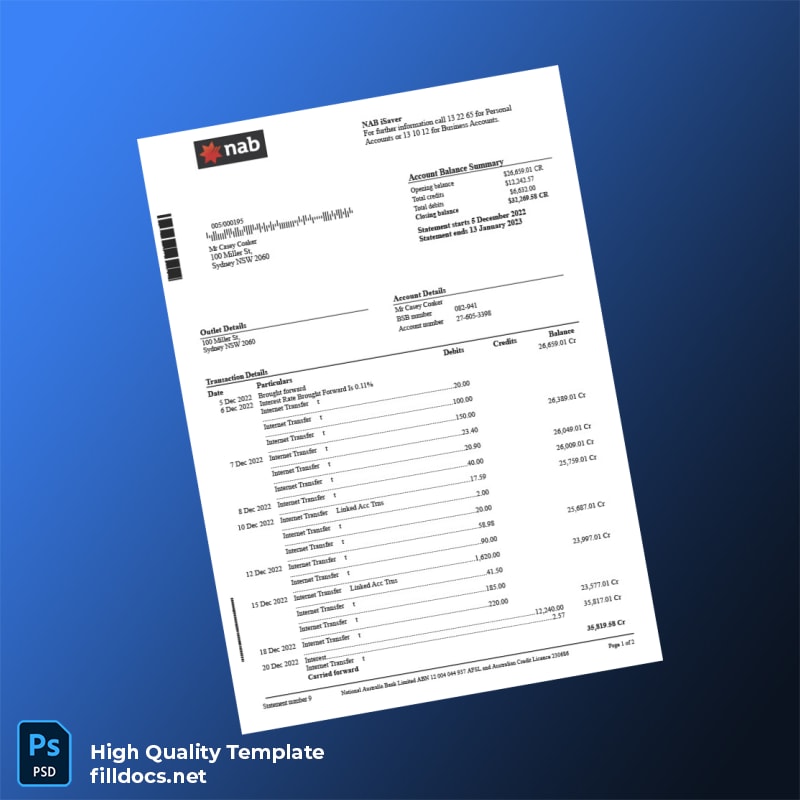 Australia NAB Bank Statement Template in Word and PDF formats