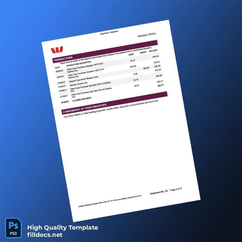 Australia Westpac Bank Statement Template in Word and PDF formats page 2