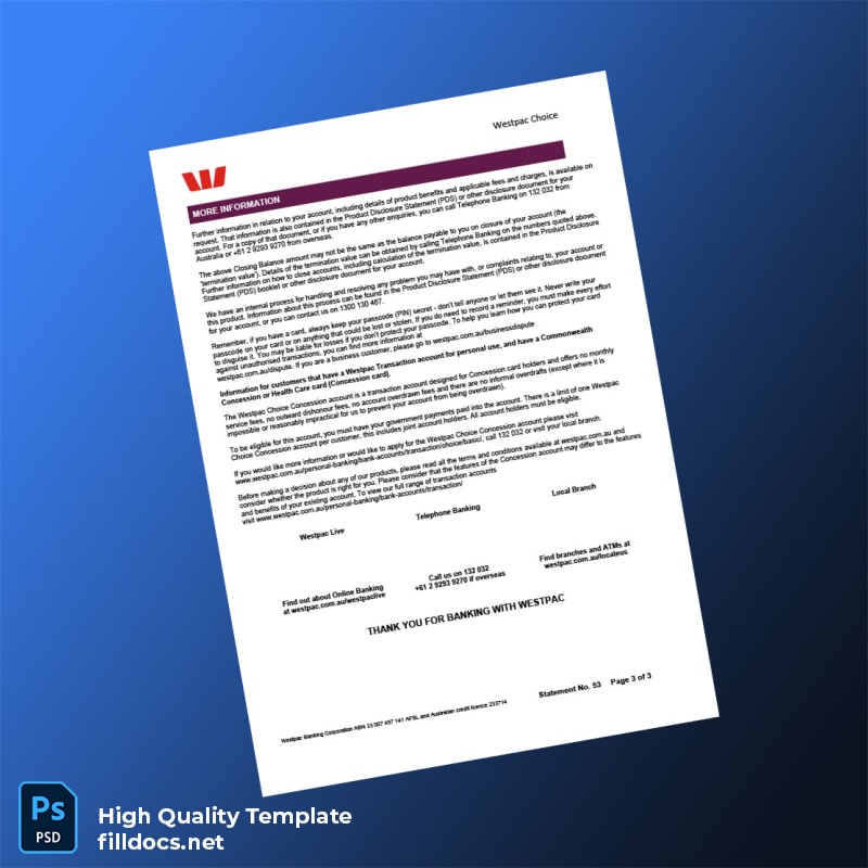 Australia Westpac Bank Statement Template in Word and PDF formats page 3