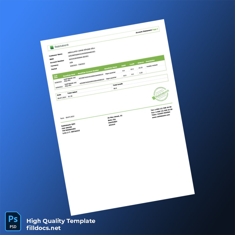 Azerbaijan Rabitabank Account Statement Template in Word and PDF formats page 2