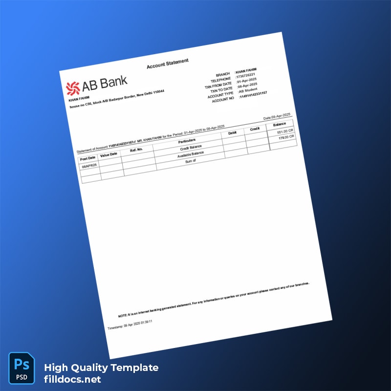 Bangladesh AB Bank Statement Template in Word and PDF formats