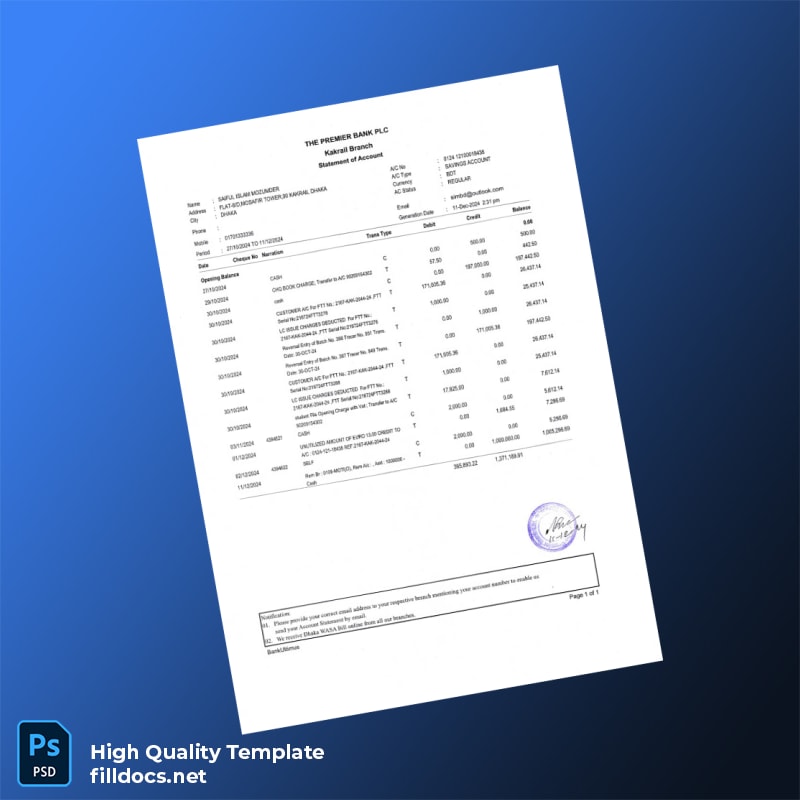 Bangladesh Bank Statement Template in Word and PDF formats