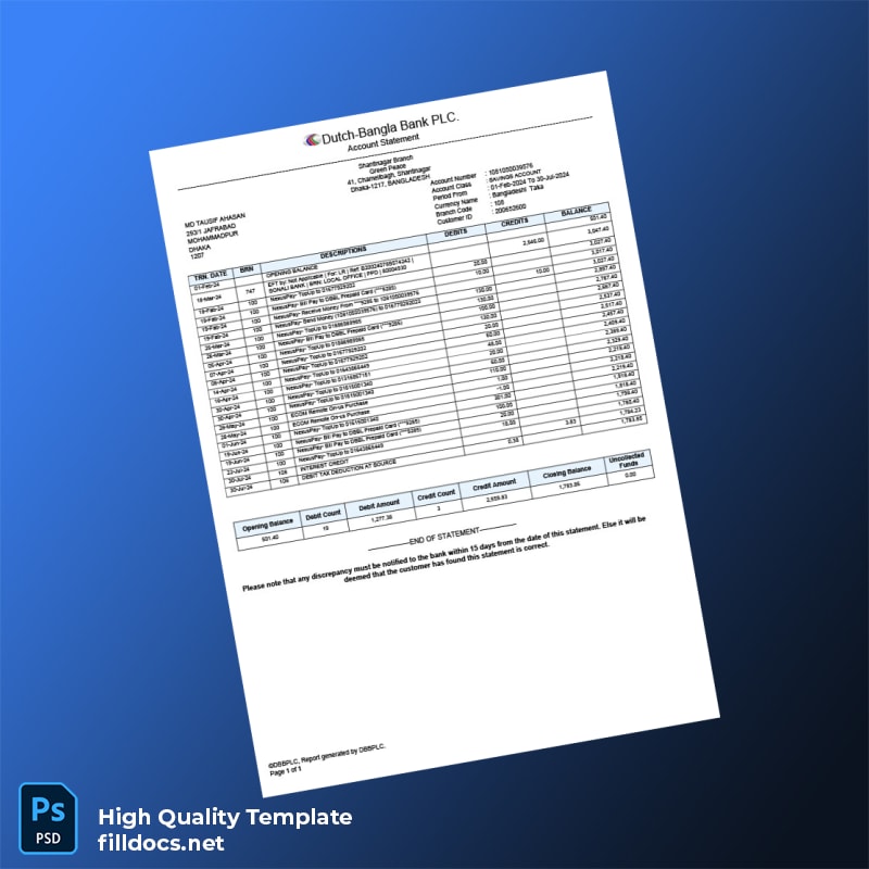 Bangladesh DBBL Bank Statement Template in Word and PDF formats