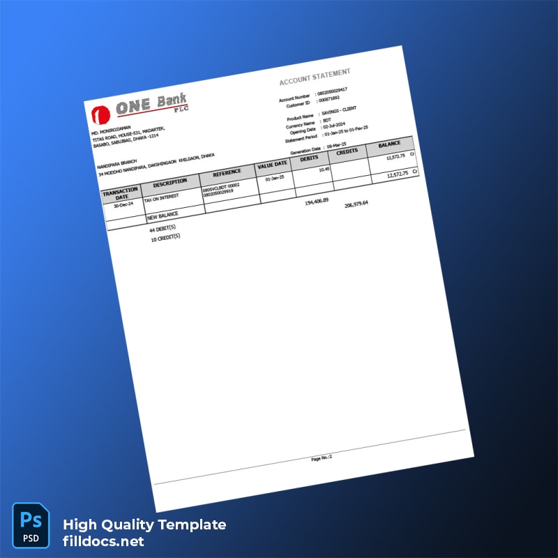 Bangladesh Document Type Bank Statement Template in Word and PDF formats page 2
