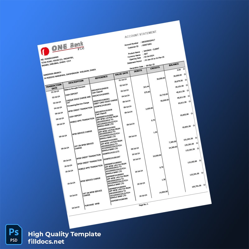 Bangladesh Document Type Bank Statement Template in Word and PDF formats