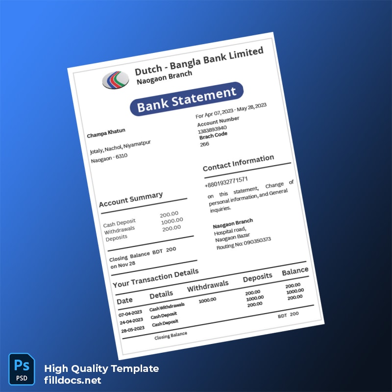 Bangladesh Dutch-Bangla Bank Statement Template in Word and PDF formats