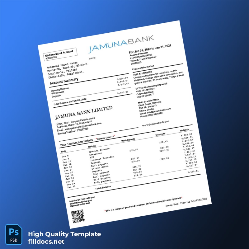 Bangladesh Jamuna Bank Bank Statement Template in Word and PDF formats
