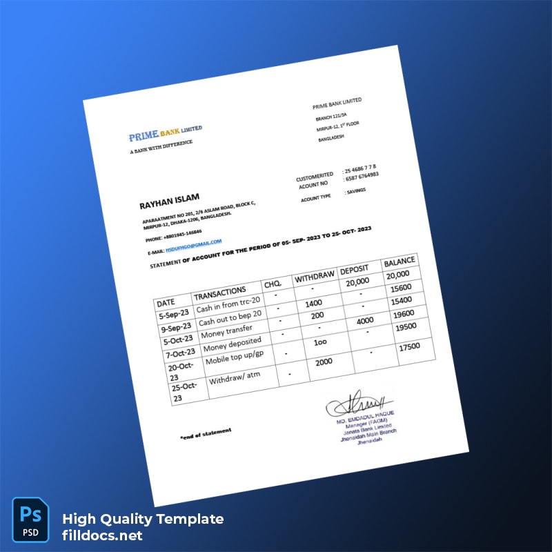 Bangladesh Janata Bank Savings Account Statement Template in Word and PDF formats