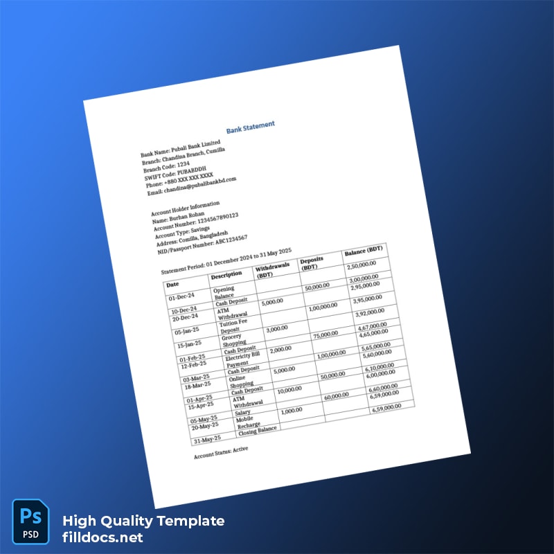 Bangladesh Pubali Bank Limited Bank Statement Template in Word and PDF formats