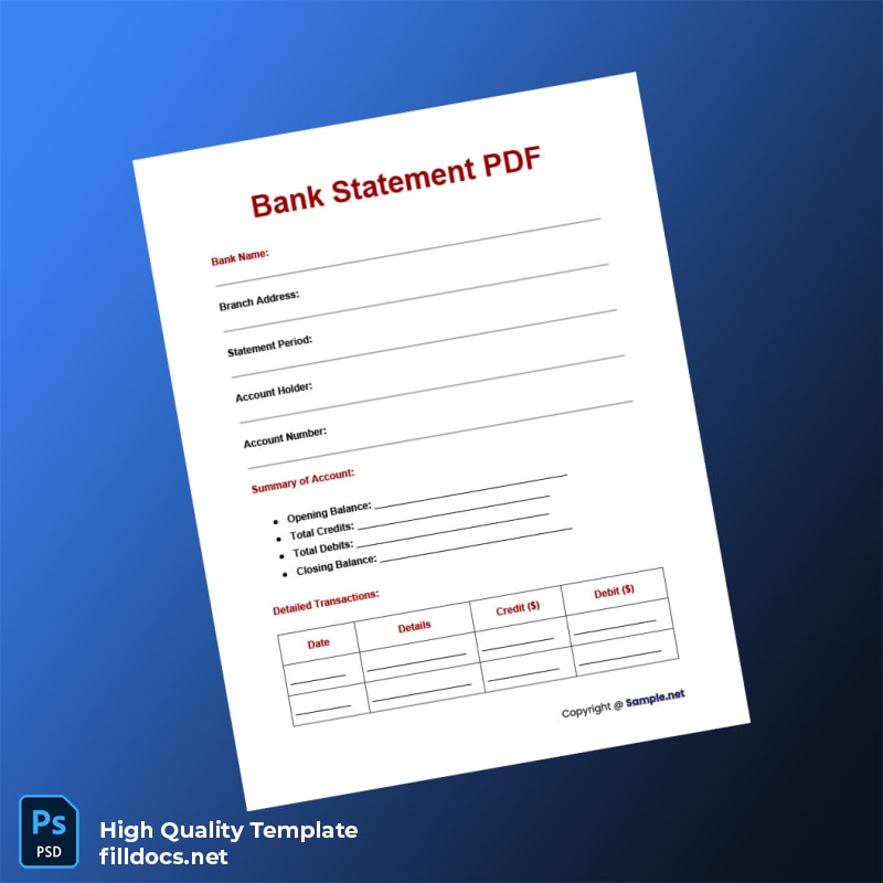 Bank Statement Template in Word and PDF formats
