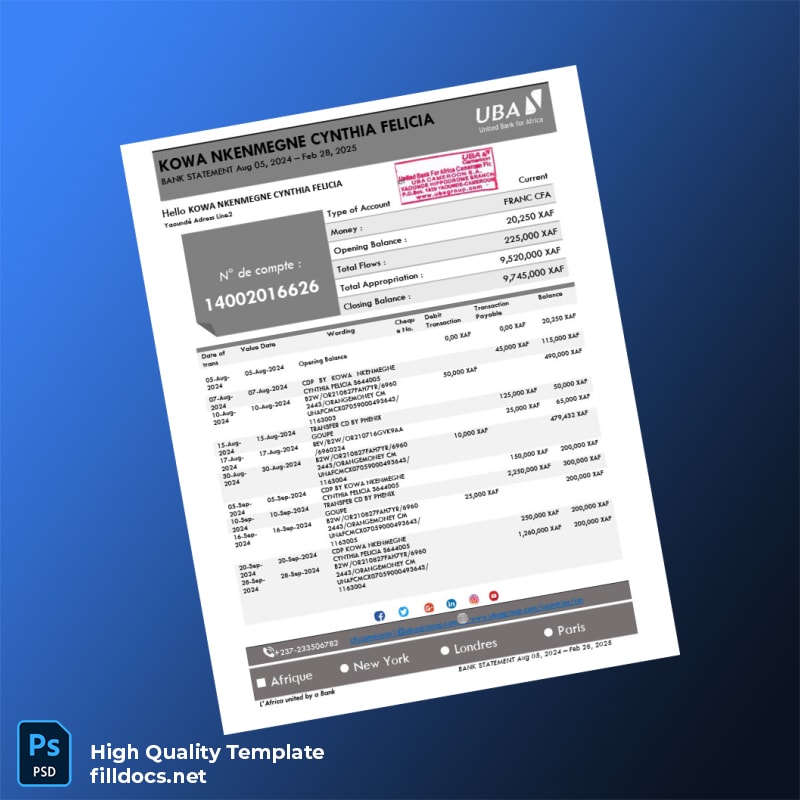 Cameroon United Bank for Africa Bank Statement Template in Word and PDF formats page 2