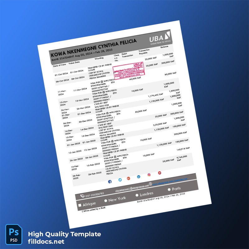 Cameroon United Bank for Africa Bank Statement Template in Word and PDF formats page 3