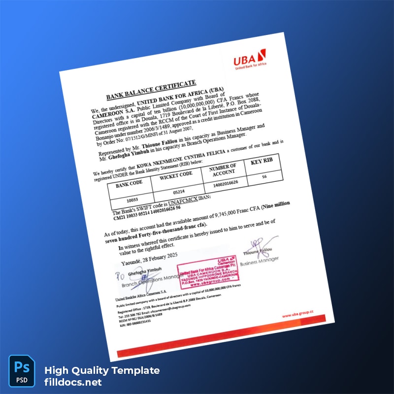 Cameroon United Bank for Africa Bank Statement Template in Word and PDF formats