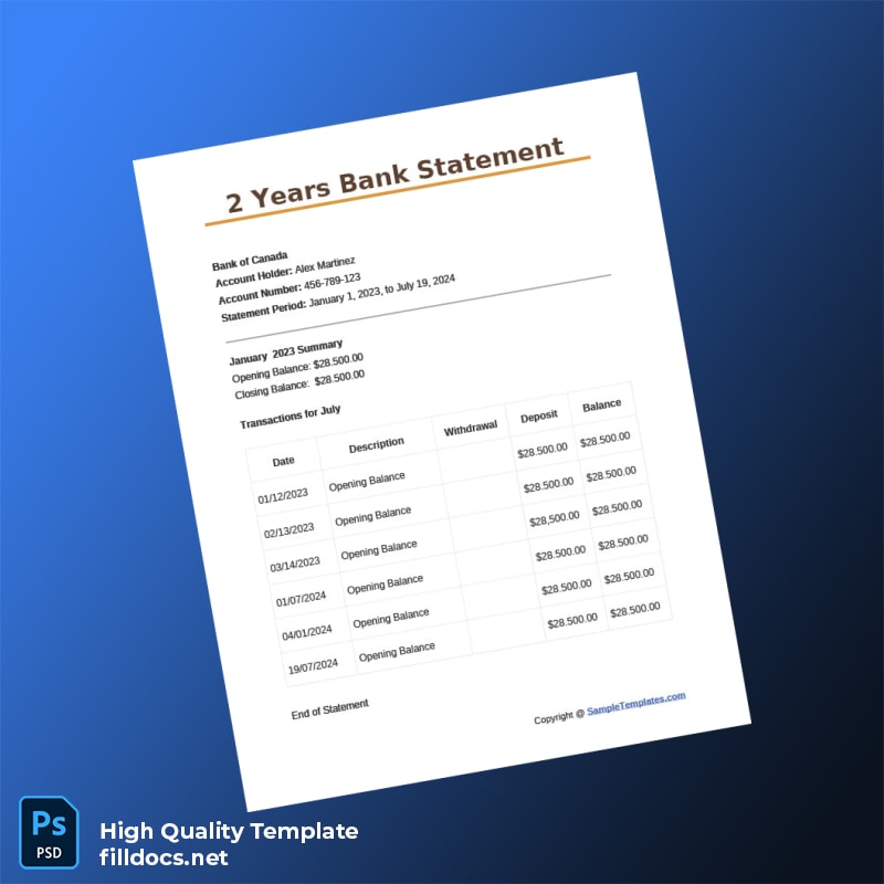Canada Bank of Canada Bank Statement Template in Word and PDF formats