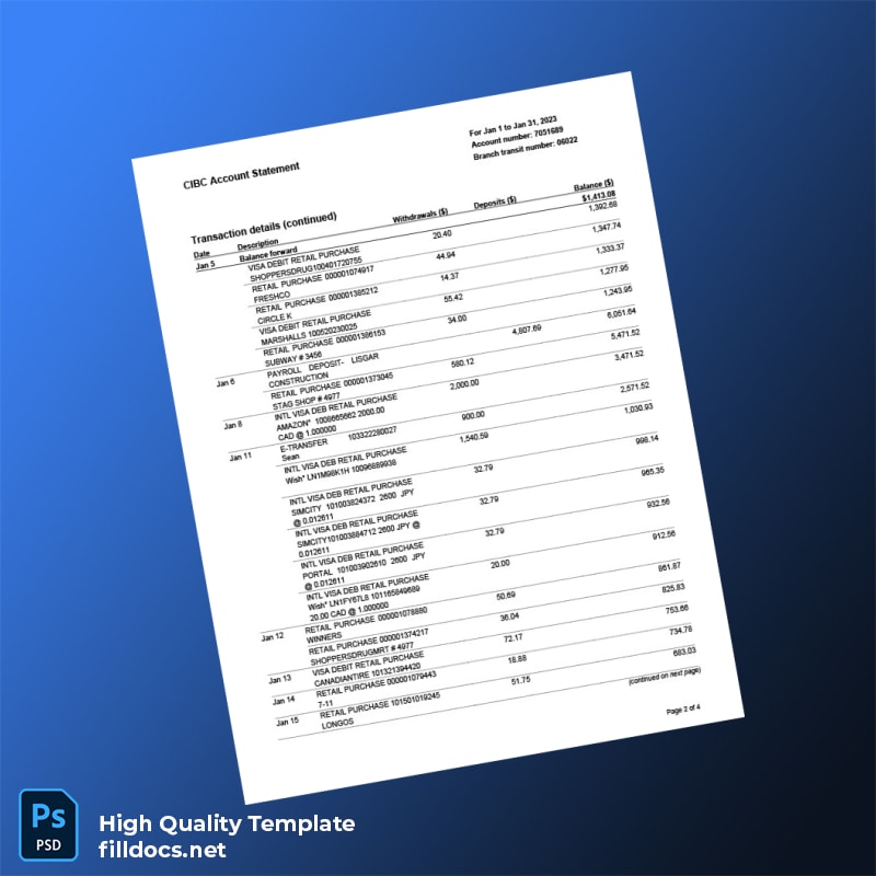 Canada CIBC Account Statement Template in Word and PDF formats page 2