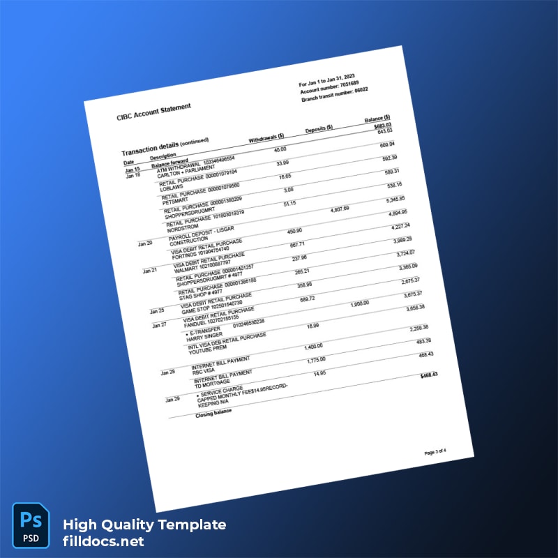 Canada CIBC Account Statement Template in Word and PDF formats page 3