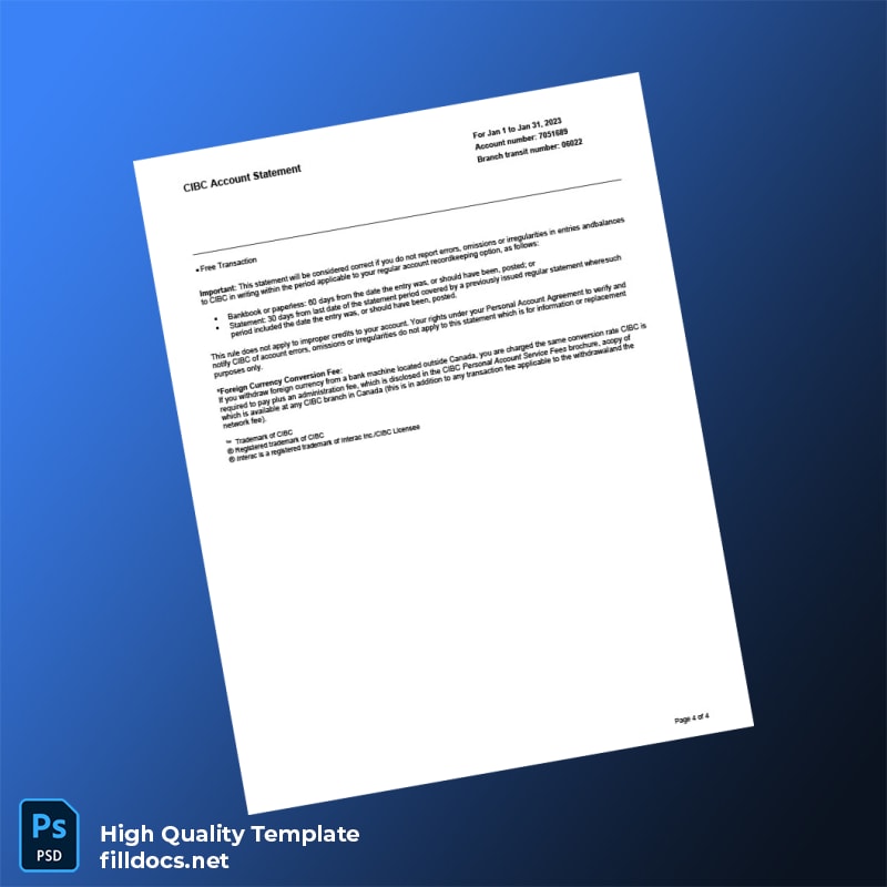 Canada CIBC Account Statement Template in Word and PDF formats page 4
