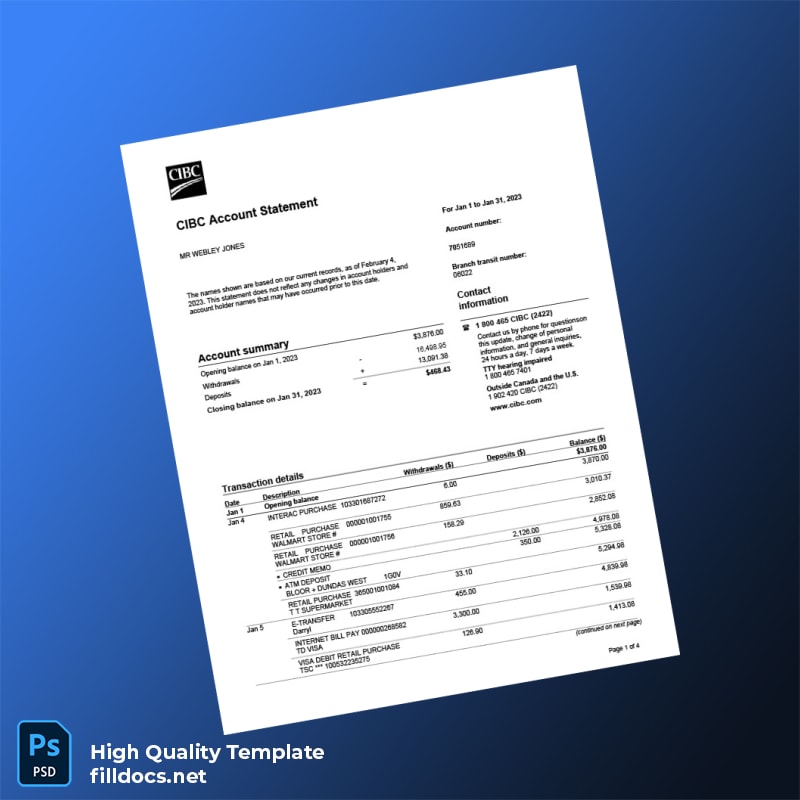 Canada CIBC Account Statement Template in Word and PDF formats