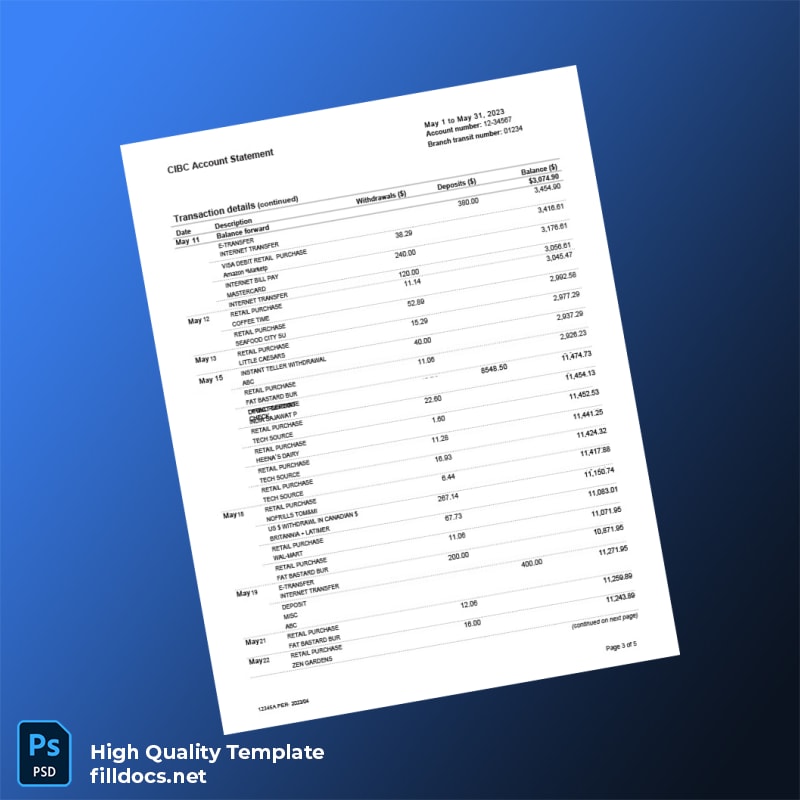 Canada CIBC Bank Statement Template in Word and PDF formats page 3