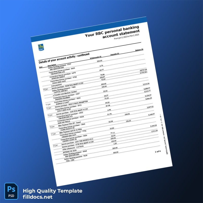 Canada RBC Bank Statement Template in Word and PDF formats page 2