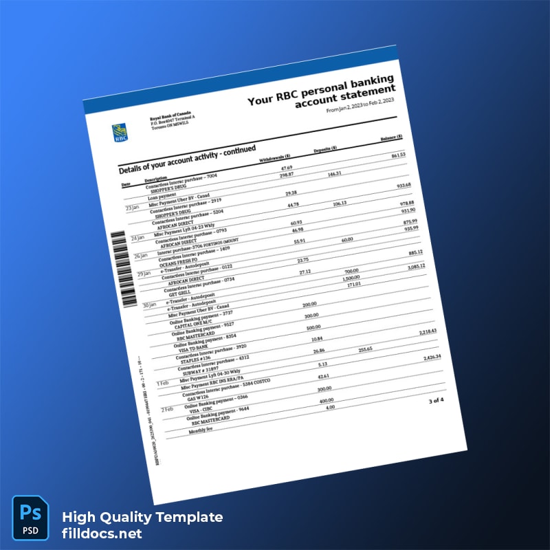 Canada RBC Bank Statement Template in Word and PDF formats page 3