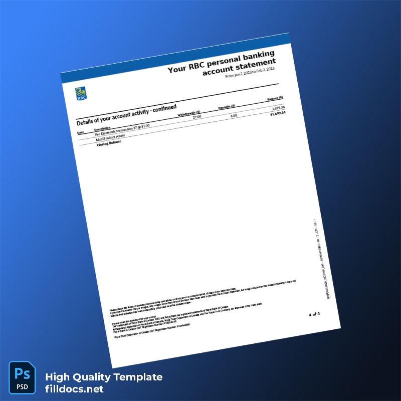 Canada RBC Bank Statement Template in Word and PDF formats page 4