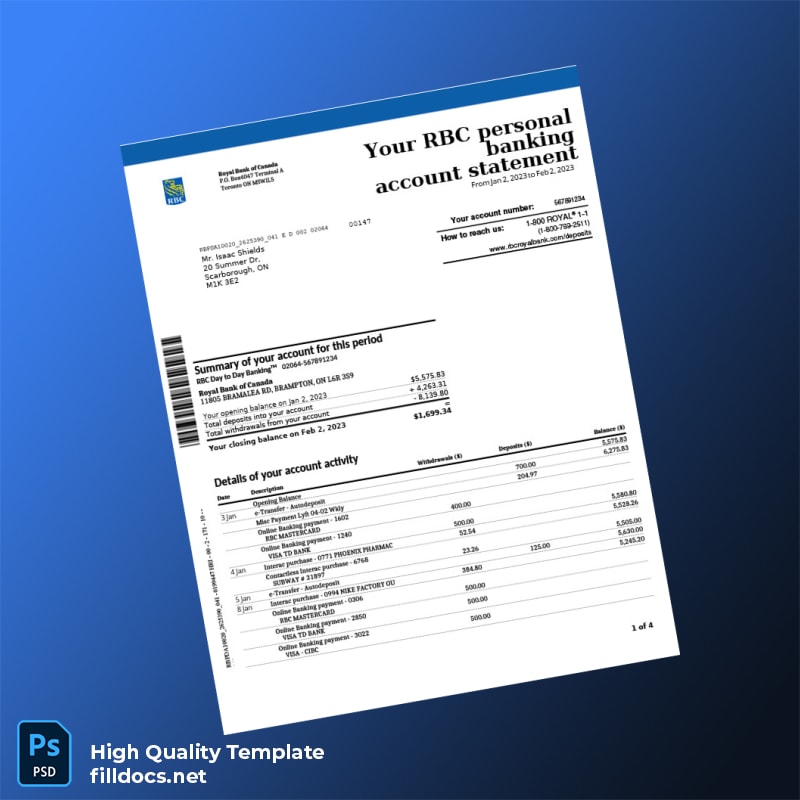 Canada RBC Bank Statement Template in Word and PDF formats