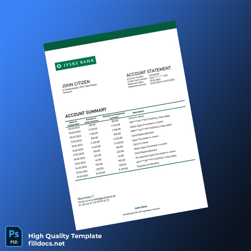 Denmark Jyske Bank Credit Card Statement Template in Word and PDF formats