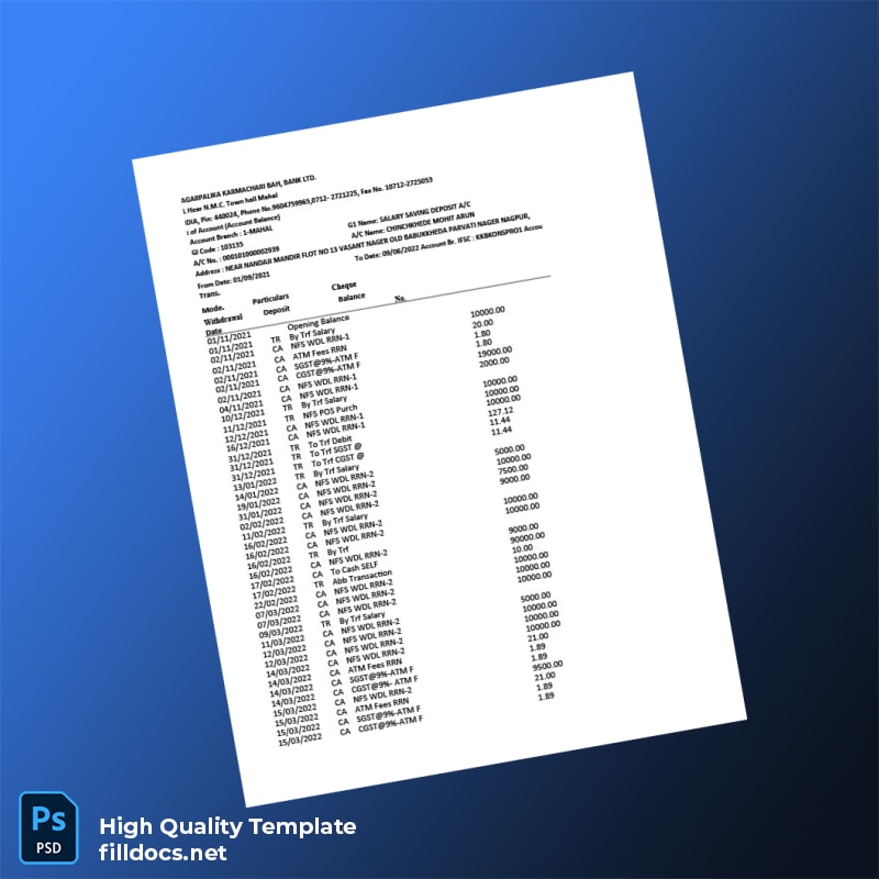 India GPUR MAHANAGARPALIKA KARMACHARI BAH BANK LTD Salary Bank Statement Template in Word and PDF formats