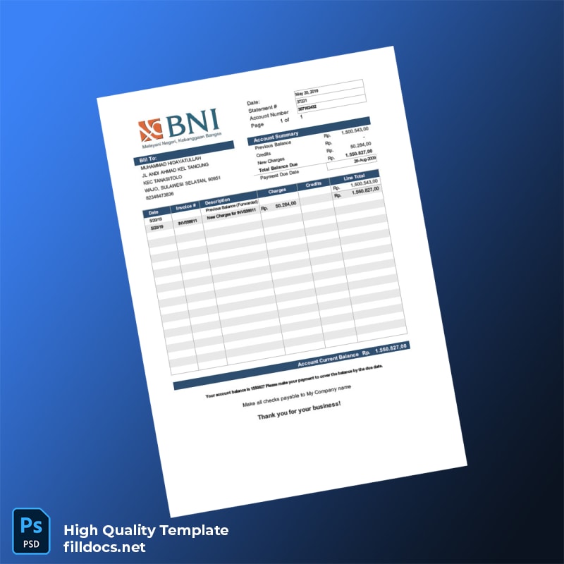 Indonesia Bank Statement Template in Word and PDF formats