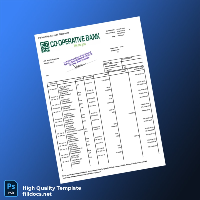 Kenya Co-operative Bank Statement Template in Word and PDF formats page 2