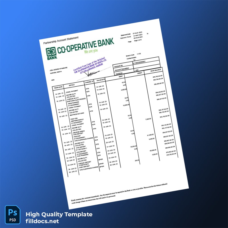 Kenya Co-operative Bank Statement Template in Word and PDF formats page 3