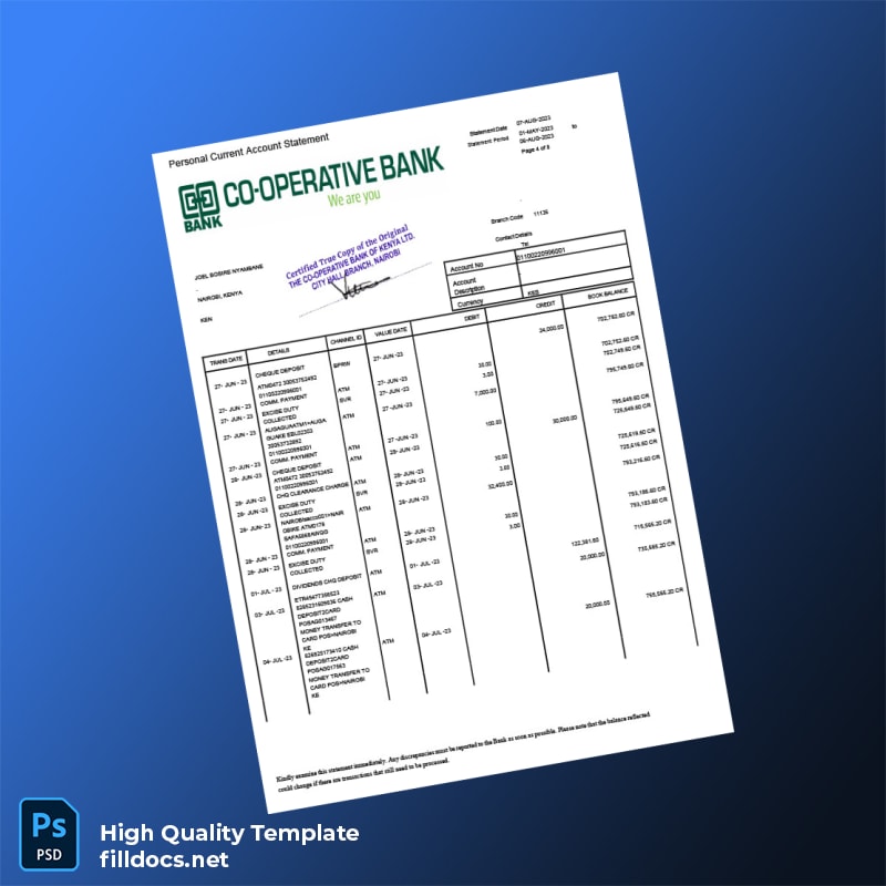 Kenya Co-operative Bank Statement Template in Word and PDF formats page 4