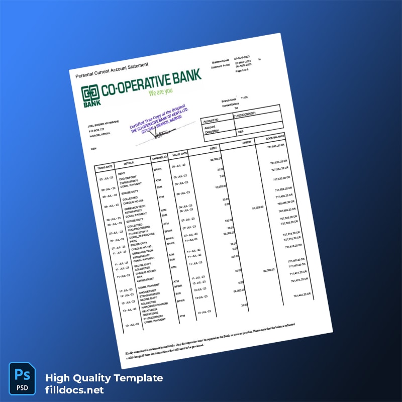 Kenya Co-operative Bank Statement Template in Word and PDF formats page 5