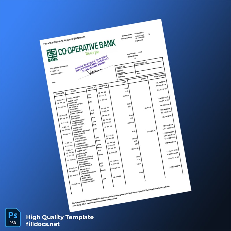 Kenya Co-operative Bank Statement Template in Word and PDF formats page 7