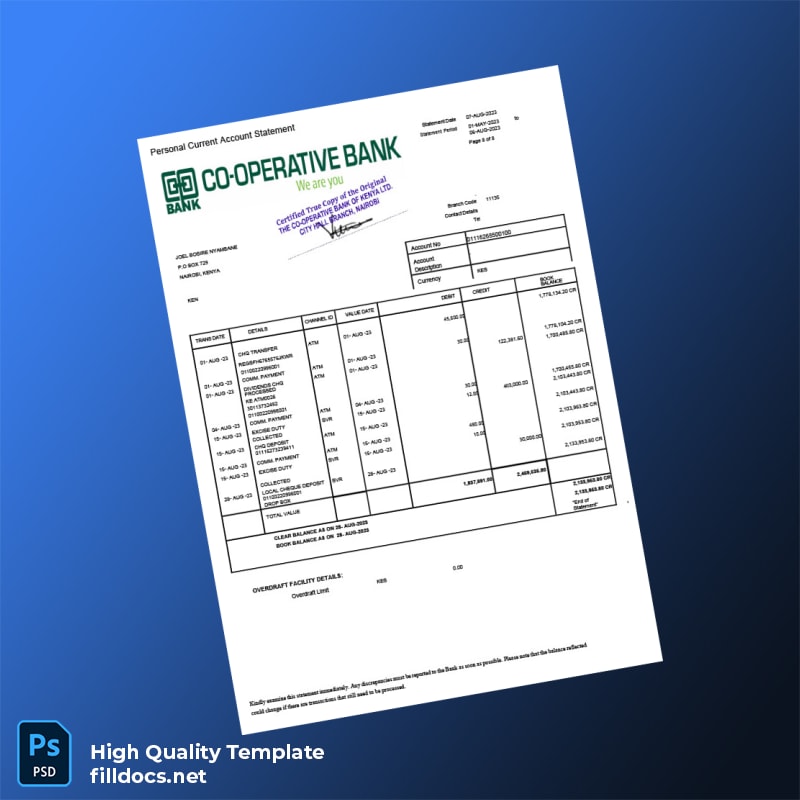 Kenya Co-operative Bank Statement Template in Word and PDF formats page 8