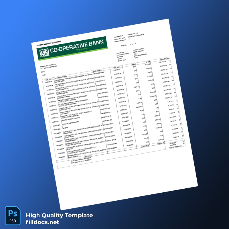 Kenya Cooperative Bank Account Statement Template in Word and PDF formats page 5