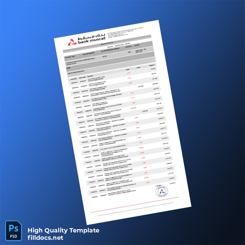 Oman Muscat Bank Statement Template in Word and PDF formats page 5