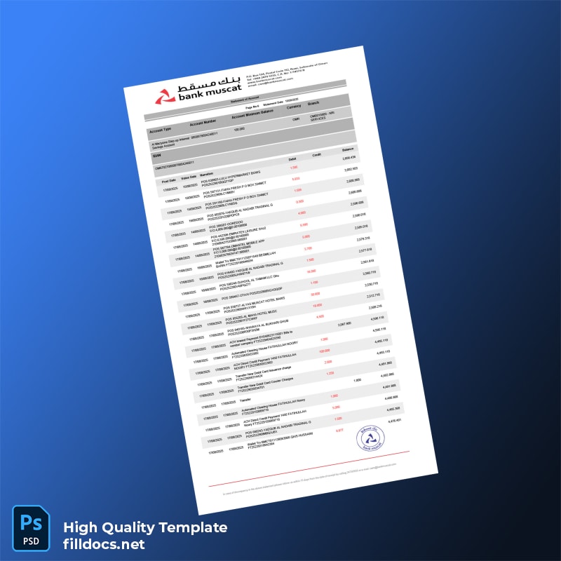 Oman Muscat Bank Statement Template in Word and PDF formats page 6