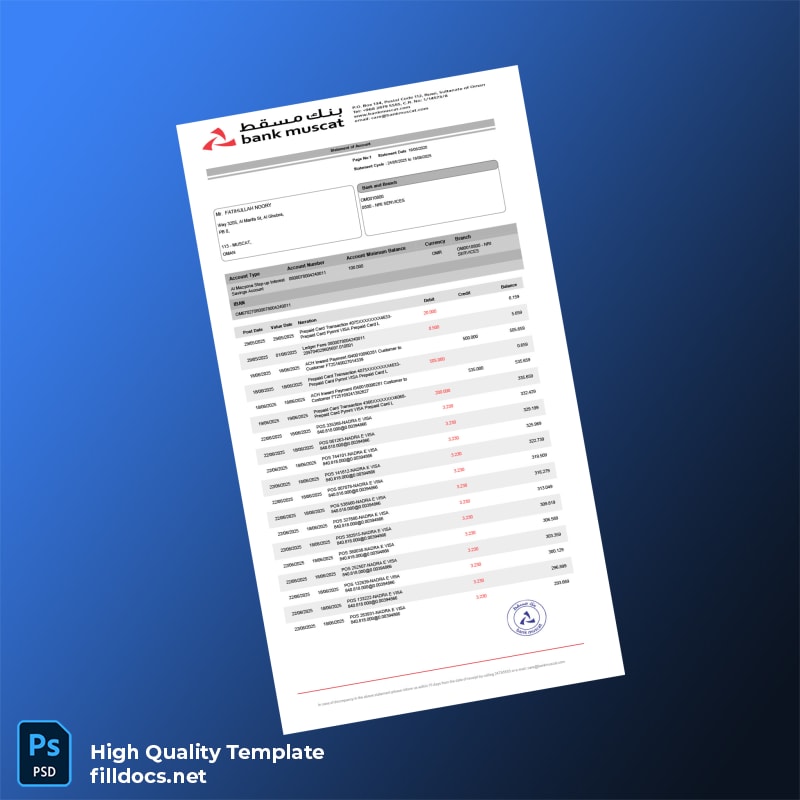 Oman Muscat Bank Statement Template in Word and PDF formats