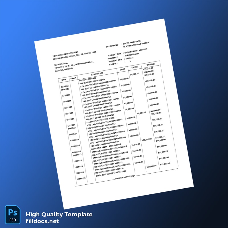 Pakistan HBL Basic Banking Account Statement Template in Word and PDF formats page 2