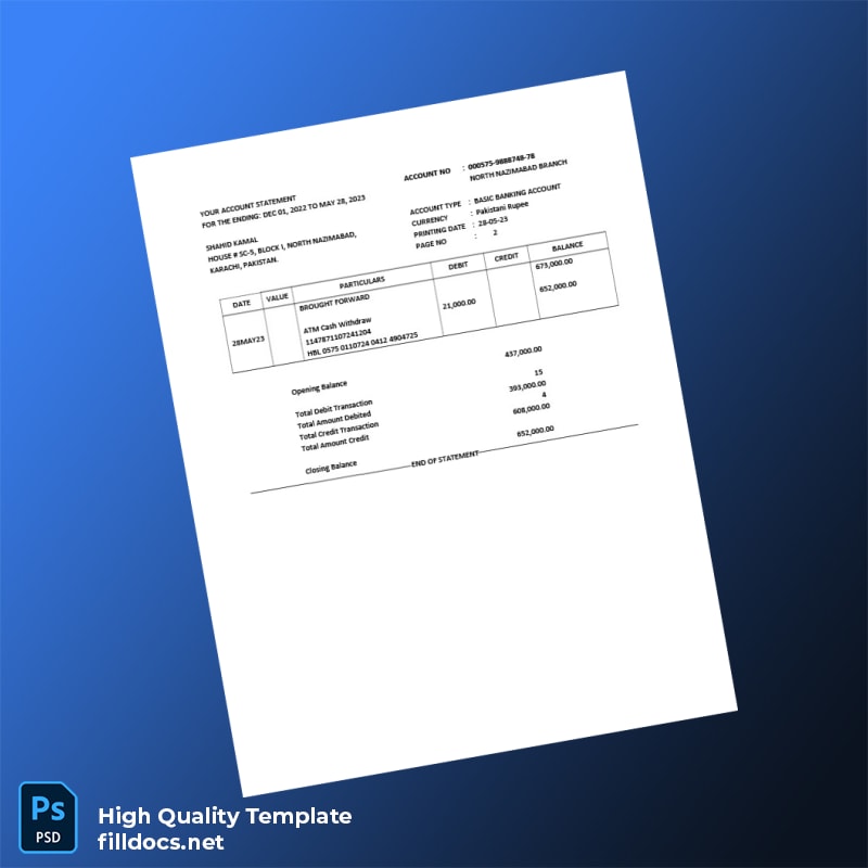 Pakistan HBL Basic Banking Account Statement Template in Word and PDF formats page 3