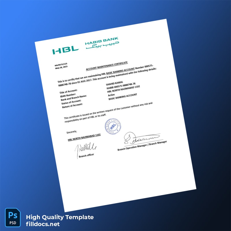 Pakistan HBL Basic Banking Account Statement Template in Word and PDF formats