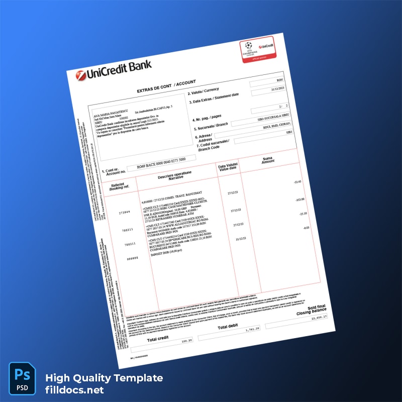 Romania UniCredit Bank Monthly Statement Template in Word and PDF formats page 2